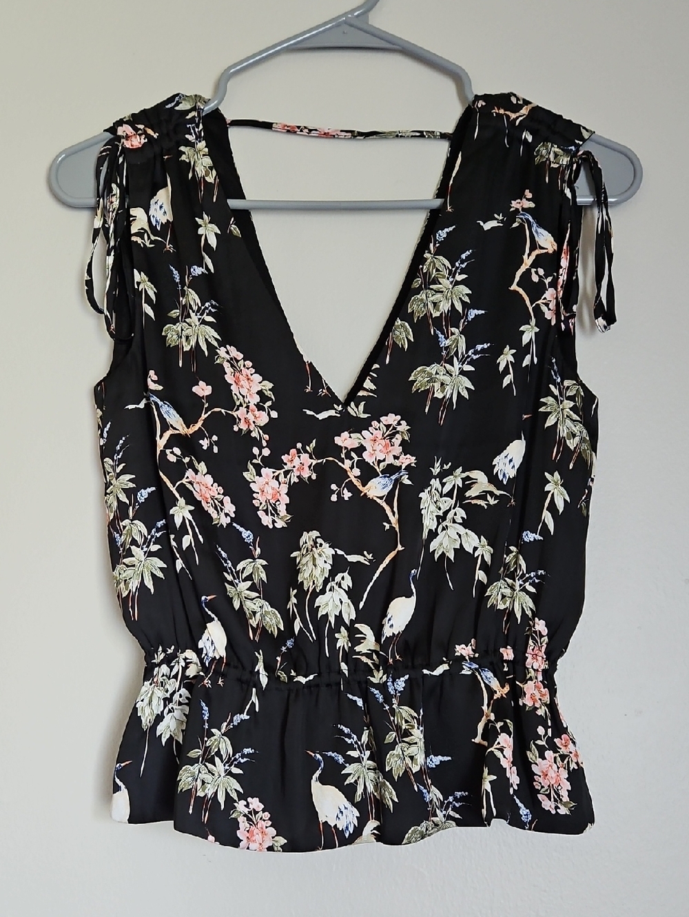 Banana Republic Black Floral V-Neck Top with Pink & Green Accents